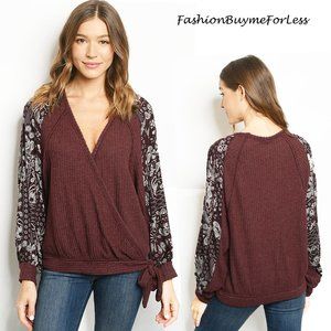 Paisley Raglan Drop Shoulder Sleeve Crossover Top